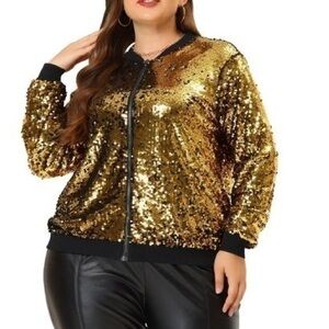 AGNES ORINDA  Party Metallic Sequin Sparkle Zip Bomber Jacket